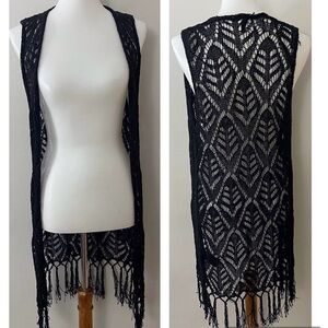 H&M Y2K Black Crochet Fringe Vest Boho Festival Hippie